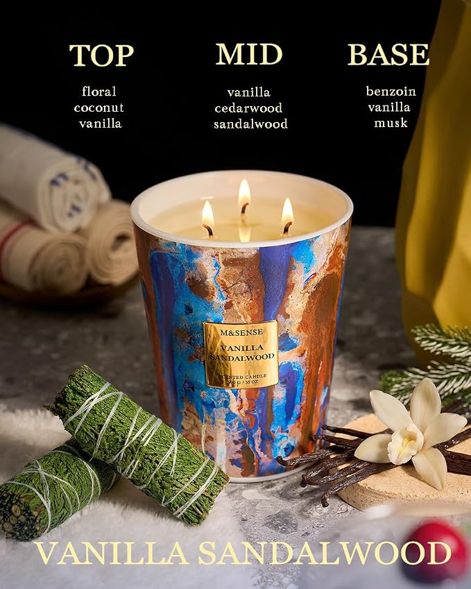 M&SENSE Soy Vanilla Sandalwood Scented Candle, Large, 35oz | 150 Hours, 3-Wick, Non-Toxic, Warm Cozy Housewarming Gift Home Relaxation