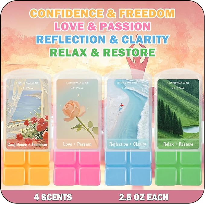 SCENTORINI Wax Melts, Wax Cubes Strong Scent, Summer Scent Candle Wax for Healing Calming Relax, Scented Soy Wax Melts for Warmer, 2.5oz*4 Pack, Home Fragrances and Decoration