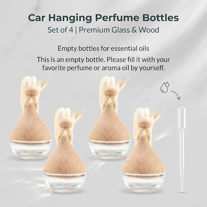 4PCS Refillable Hanging Car Diffuser Empty Glass Bottle Set | Glass vials with wood lids & hanging rope, custom essential oil pendant for car home office