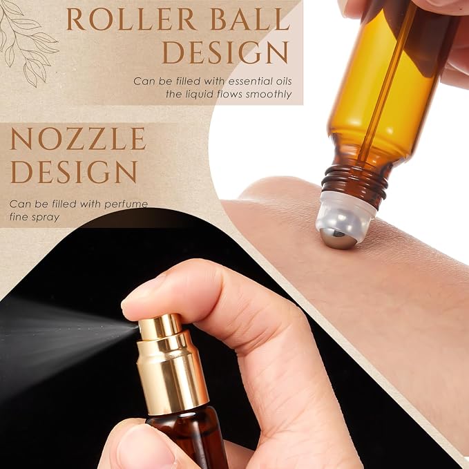 Domensi 20 Pack Dual-head Perfume Roller Bottles, 10ml Travel Refillable Bottles with Roller Ball & Spray for Essential Oils & Cologne, Leakproof Travel Atomizer with Funnel Tool(Amber)