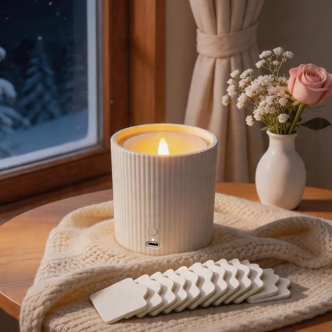 Non-Rechargeable 2 in 1 LED Candle Waterless Diffuser and 3D Wick and Realistic Flame Candle,Flameless Candle Diffuser,Waterless Essential Oil Diffuser with 12PCS Cotton Pads(Connect USB Line Use)