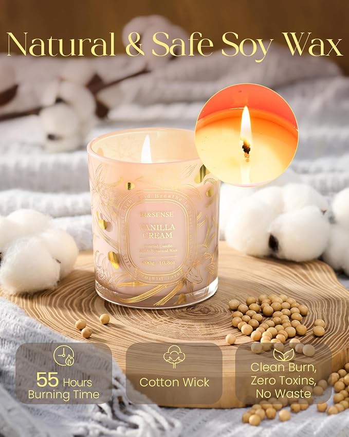 M&SENSE Vanilla Soy Candle, Cozy Long Burning Gift | Slow Burn, Clean Soy Wax Cotton Wick, Warm Comfort For Small Rooms, Non-Toxic Pet Friendly, Reusable Golden Stamped Jar