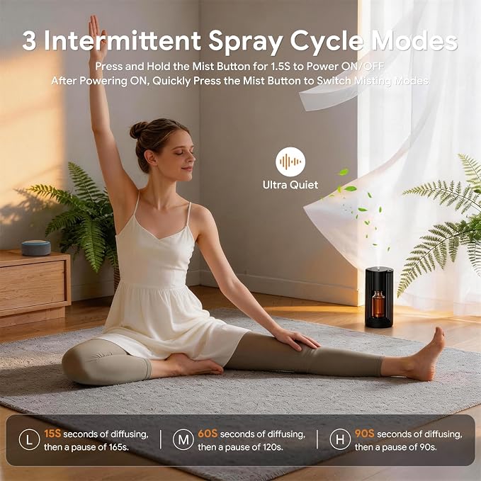 VOCOlinc Waterless Diffuser Starter Kit with 20mL Hotel Fragrance Oil, Battery Operated Diffusers, 4 Timers ＆ 3 Mist Levels, Mini Scent Air Machine for Home, Room, Car, Office (Black)