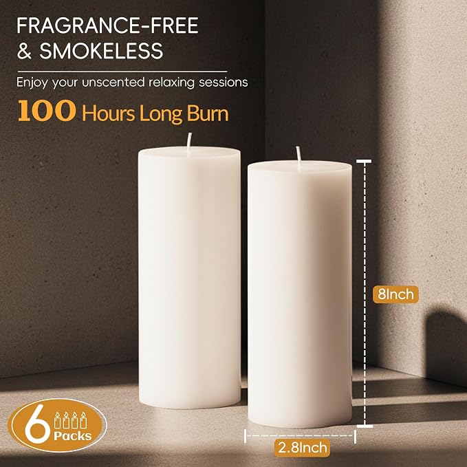 2.8x8 Inch 100 Hours White Pillar Candles, 6 Pack, Long Burning Unscented Tall Pillar Candles, Large Candle for Holiday Decor, Home Decor, Emergency and Events,Dripless & Smokeless