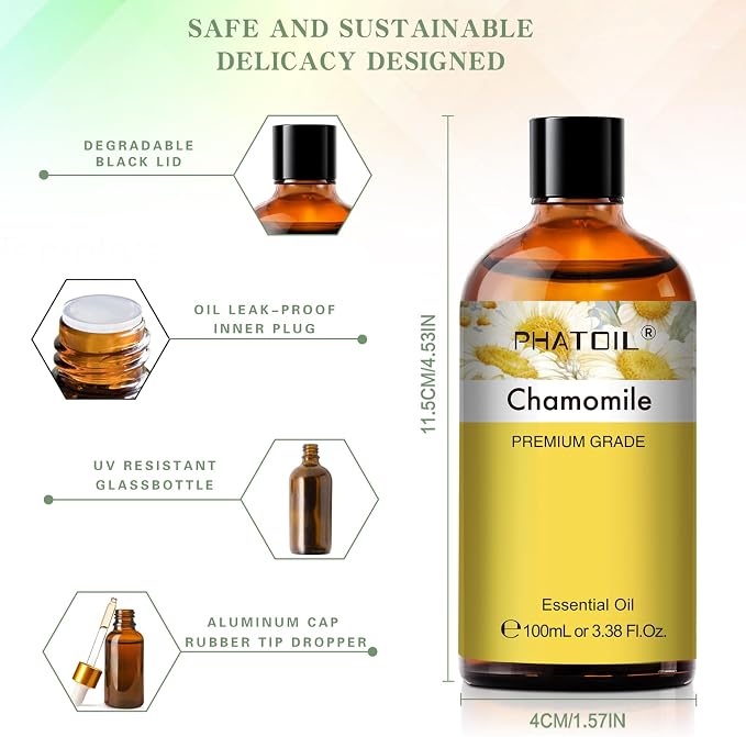 PHATOIL 100ML Chamomile Essential Oil - 3.38FL.OZ Essential Oils for Diffusers for Home - Chamomile Oil Aromatherapy Oils with Glass Dropper