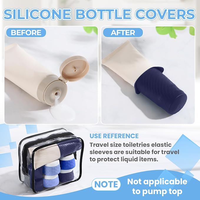16Pack Travel Bottles for Toiletries, TSA Approved Travel Size Toiletries Containers Set, Silicone Leak Proof Refillable Bottles Elastic Sleeves Creams Jars Accessories Kit W/Clear Bag (Blue)