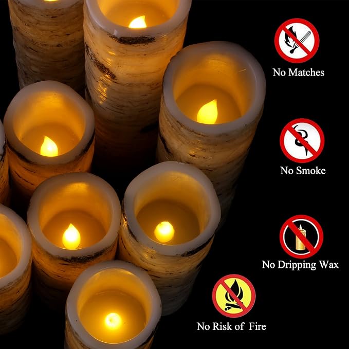 Vinkor Flameless Candles Battery Operated Candles Birch Effect 4" 5" 6" 7" 8" 9" Set of 9 Real Wax Pillar LED Candles with 10-Key Remote Control 2/4/6/8 Hours Timer