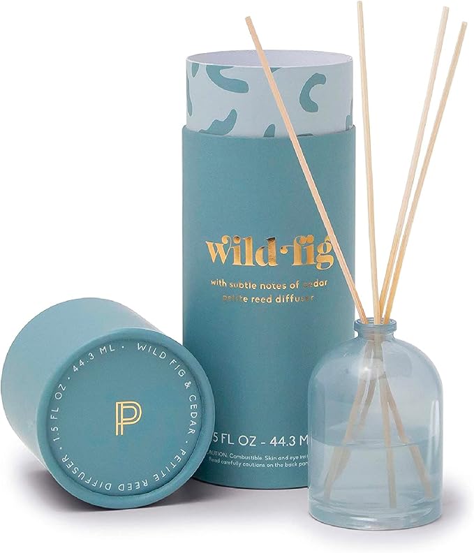 Paddywax Petite Reed Diffuser Set with Wooden Reeds, 720 Hour Long Lasting Home Fragrance Oil Diffuser, Decorative Milky Glass Bottle, Wild Fig Scent, Sky Blue, 1.5 oz