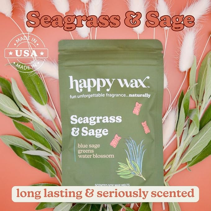 Happy Wax Seagrass & Sage Scented Bear Wax Melts - Natural Strong Scented Summer Melts Infused w/Essential Oils - Non Toxic & Pet Safe - (8 oz Pouch)