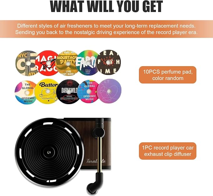 Car Air Vent Clip, 3D Record Player and Record Spins with Airflow Design with 9 Albums, Wood Texture Gramophone Decoration with Fixed Four-point Clip, Interior Diffuser for Car (Multicolored)