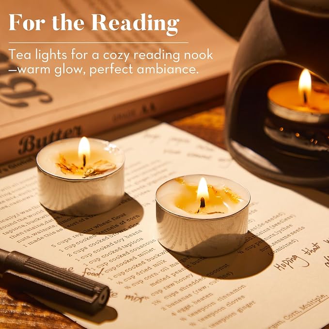 48 Pack Jasmine Scented Tealight Candles with Real Petals, Natural Soy Wax 6H Burn Time, Non-Toxic Smokeless Scented for Bath, Wedding, Decor
