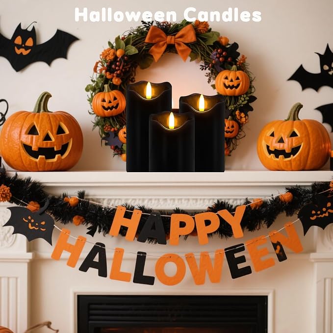 Flameless Candles Light, Set of 3 Flickering LED Candles with Remote & Timer, Dimmable Real Wax Electric Pillar Candles Battery Operated, Black Flameless Candles for Home Halloween Decor (Black)