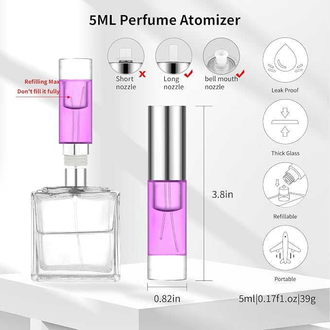 MUB Perfume Travel Refillable Atomizer Bottle 5ml Glass Overmolding Unique Top-Filling Leak-Proof Spray Bottle Atomizer Sprayer for Perfume Cologne Mini Travel Size Empty Pocket Portable - purple