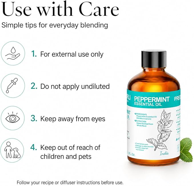 Peppermint Essential Oil 3.38 fl oz, Mint Essential Oil with Dropper for Diffuser, Hair Care, Skin Care, Massage, Cleaning, Candle Making and Soap Making