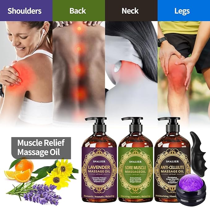 Massage Oil for Massage Therapy,3 Pack Cellulite Massage Oil,Sore Muscle Arnica Oil & Lavender Massage Body Oil with Massage Ball & Thumb Saver Tool,Mens Gifts,Birthday Gifts for Women and Men