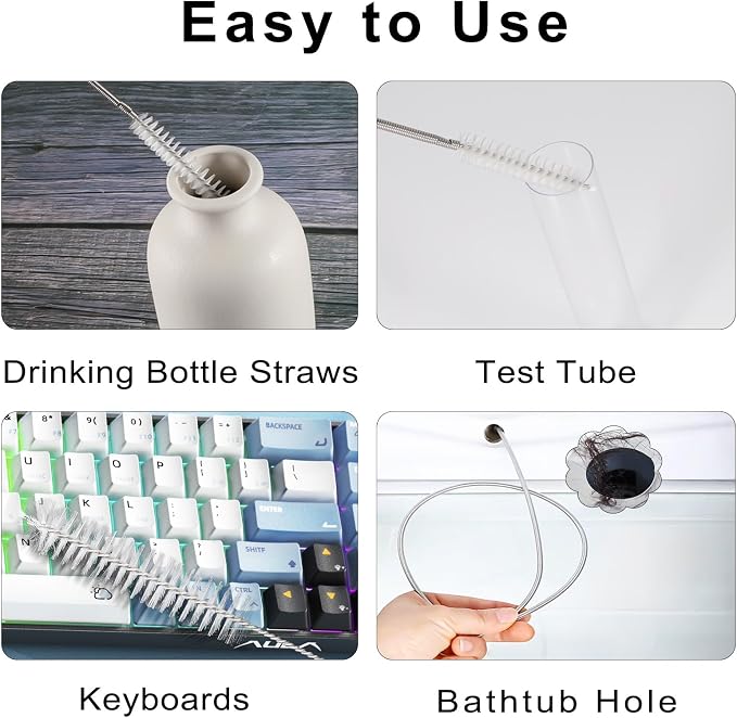 CiaraQ Bottle Cleaning Brushes, 8 Inch Nylon Tube Brush Set & A Flexible Long Drain Brush 60 inch, Cleaner for Narrow Neck Bottles Cups with Hook, Set of 11pcs, White