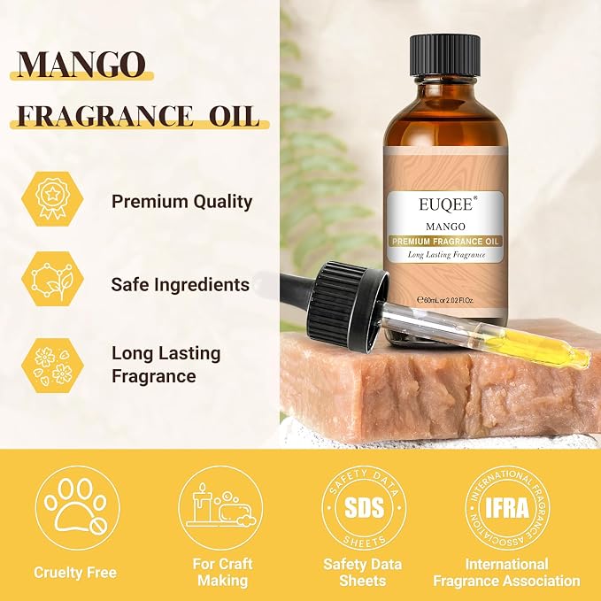 EUQEE Mango Fragrance Oil, 60ml Premium Scents Fragrance Oils with Glass Dropper for Soap & Candle Making, DIY Bath Bombs, Diffusers (2.02 Fl oz)
