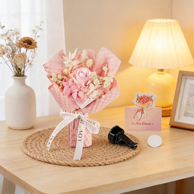 Mini Flower Bouquet Car Air Vent Clips - Decorative Rose Bouquet with Fragrance Diffuser for Car Air Vent Dashboard, Floral Romantic Auto Pink Car Accessories Gift for Women (Pink)