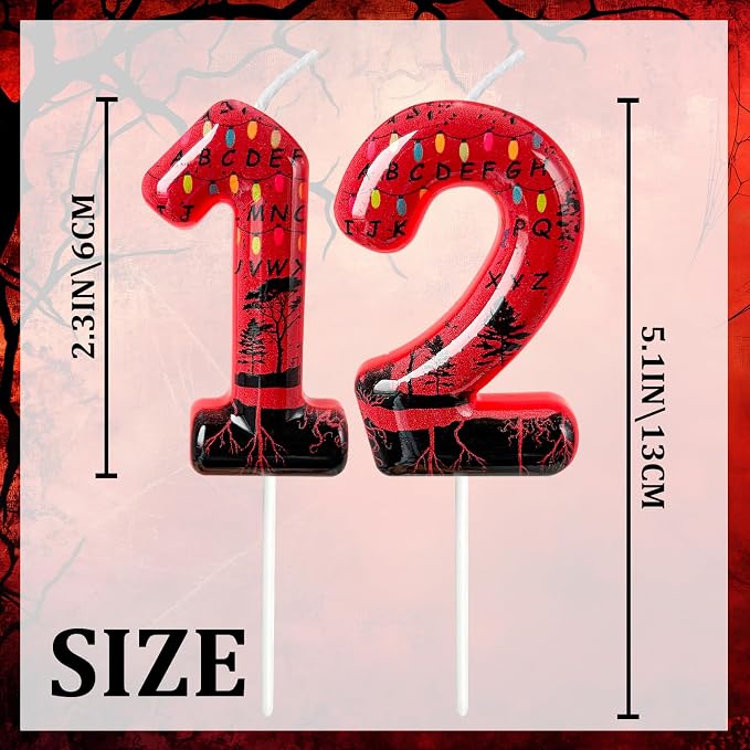 Red Number 12 Birthday Candle for Cake – Dark Horror Style with Alphabet Print & Shadow Design – Unique Cake Topper for Birthday, Anniversary, Themed Party Decoration