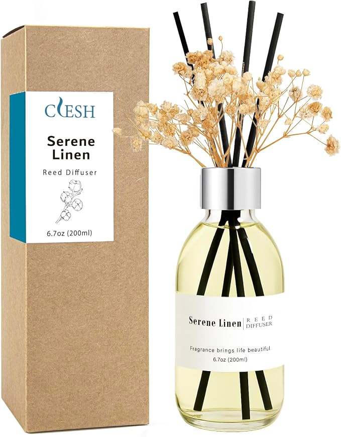 Clesh Reed Diffuser Set, 6.7 oz Serene Linen Scented Diffuser with Sticks, Home Fragrance Reed Diffuser for Bathroom Shelf Decor