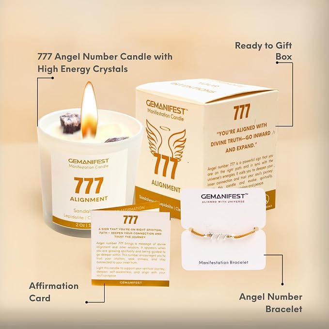 Angel Number 777 Manifestation Candle Crystal Infused Soy Wax with Lepidolite and Clear Quartz Sandalwood Scented Spiritual Gift for Alignment and Energy Clarity