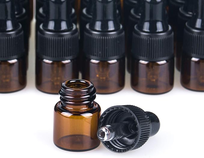 Sample Dropper Bottles, Mini Dropper Bottles with 2 Pcs Plastic Droppers for Traveling Essential Oils DIY Cosmetic Liquid Sample Perfume (Amber, 1ML)