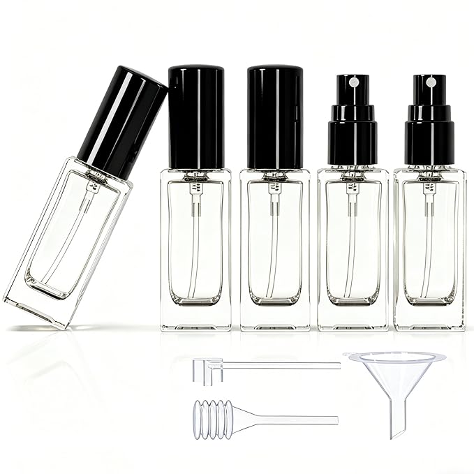 5PCS 5ml Glass Travel Refillable Perfume Bottle,Small Empty Cologne Atomizer with Dispenser Tools, Mini Pocket Spray Bottles For Toiletries and Smple Container (Black Cap 5p)