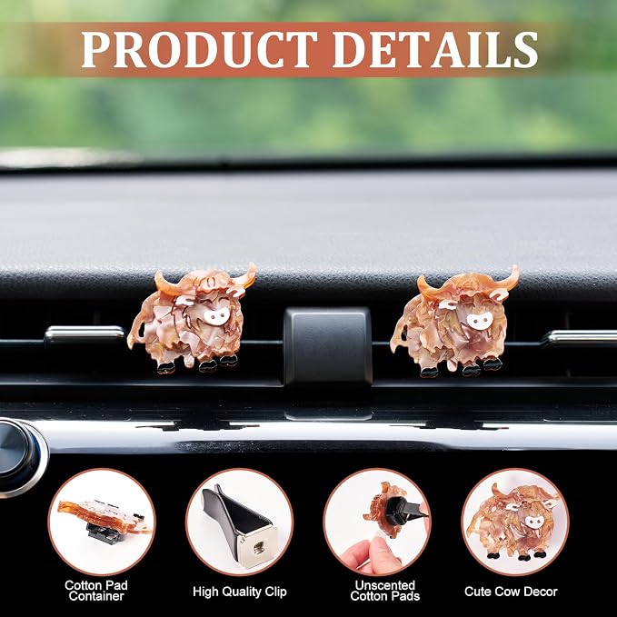 Rislobx Cute Highland Cow Air Freshener Vent Clip, 2PCS Car Vent Clips Decor, Air Diffuser Clips, Highland Cow Car Interior Decor Accessories