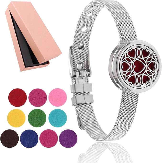 Essential Oil Diffuser Bracelet with Gift Box Aromatherapy Locket Adjustable Stainless Steel Heart Watch Chain Bracelet with 10 Pcs Refill Pads for Women