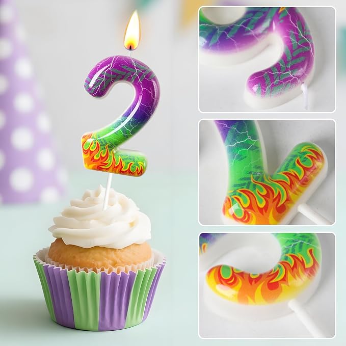 Number 2 Birthday Candle for Cake – Purple Green Flame Design with Lightning & Tire Track Pattern – Off-Road Truck Theme Cake Topper for Birthday Party Decoration
