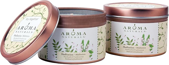 Aroma Naturals Tin Candle with Patchouli and Frankincense Essential Oil Natural Soy Scented, Meditation, 2 Count