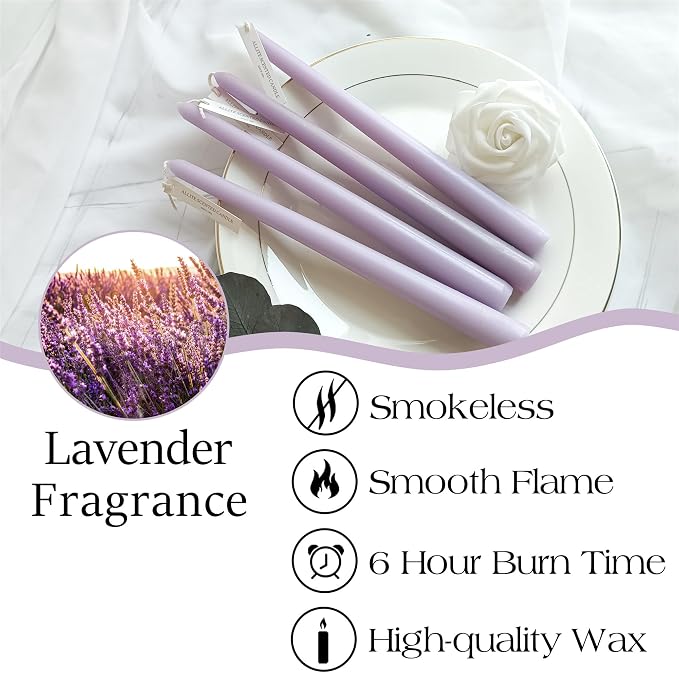 Dripless Candles Scent Candle Sticks,Gedengni 10 Inch Purple Candlesticks Scented Tapered Candle Lavender Long Taper Candles for Dinner Decor Housewarming Gift Idea,4pcs (8D4PC-PURPLE)