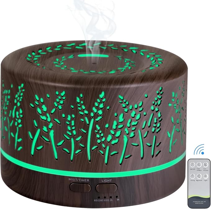 Essential Oil Aromatherapy Diffuser - 500ml Humidifier with Timer and Auto-Off Safety Switch - 7 Colors Lights - Ultrasonic Cool Mist Essential Oil Diffuser for Home Office Room (Grey)