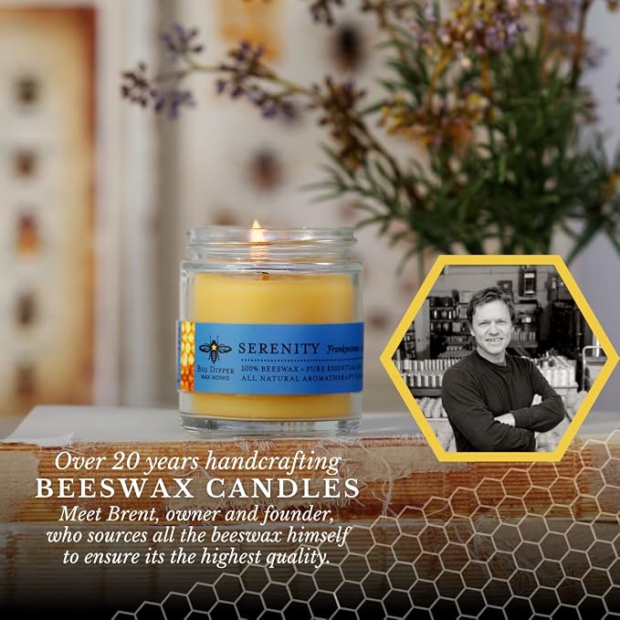 Big Dipper Wax Works Beeswax Aromatherapy Candle, Serenity, Apothecary Glass, Frankincense & Lavender Scented, 25-Hour Burn, Pure Essential Oils, 2" x 2.5"