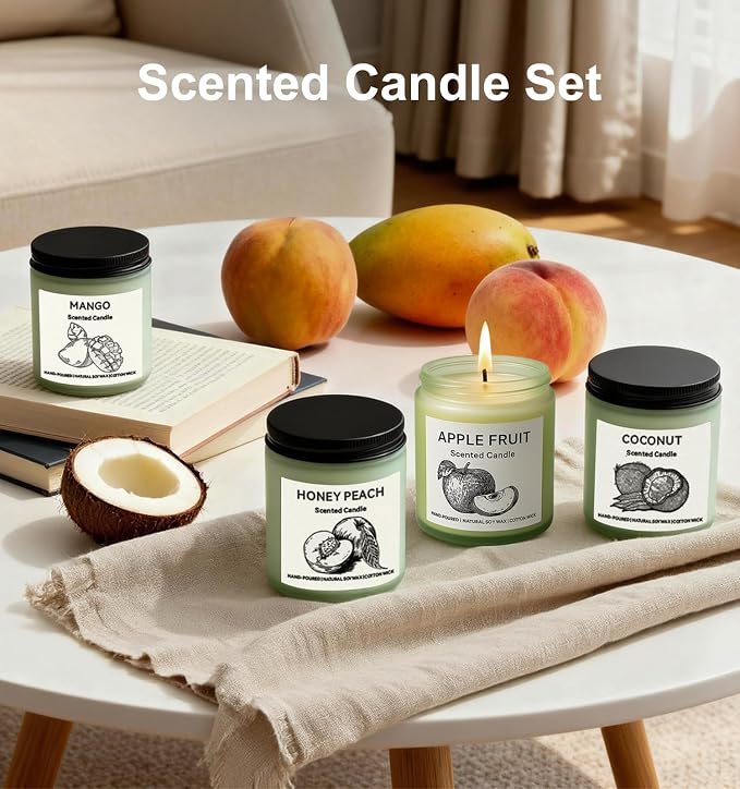 Scented Candle Gift Set, 4 Pack 25oz Soy Wax Candles, 200 Hour Burn Time, Long Lasting Aromatherapy Candles for Home Fragrance, Ideal Gift for Women and Men – Mango, Apple, Peach, Coconut