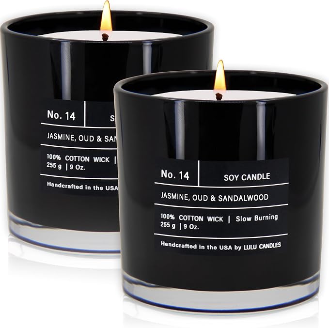 Lulu Candles | Jasmine, Oud & Sandalwood | Luxury Scented Soy Jar Candle | Hand Poured in The USA | Highly Scented & Long Lasting (9 Oz. 2 Pack)