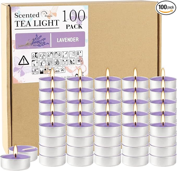 Purple Lavender Scented Tealight Candles - Giant 100 Pack Candles -Smokeless, 4 Hour Burn - Gift Set for Valentine's Day, Christmas, Weddings Centerpiece & Home Decor