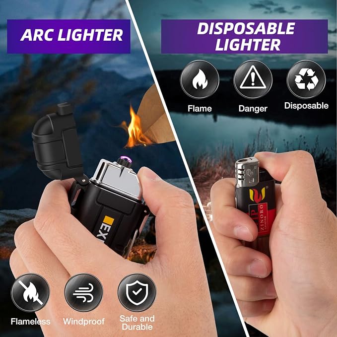 LcFun Waterproof Electric Dual Arc Lighter USB Type C Rechargeable Windproof Flameless Plasma Lighters with Flashlight for Camping, Hiking, Outdoor Survival, Tactical Gear Gifts for Men