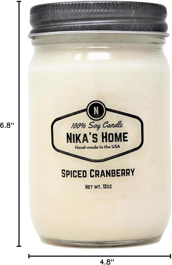 Nika's Home Spiced Cranberry Soy Candle - 12oz Mason Jar - Non-Toxic - Hand Poured in The USA, Long Burning 50-60 Hours Highly Scented All Natural, Clean Burning