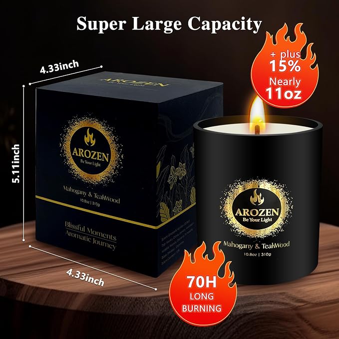 Mahogany Teakwood Candle for Men – 70-Hour Crackling Wick, Woody Masculine Scent – 10.8oz Large Soy Wax Candle, Black Jar Aromatherapy Gift for Him, Father's Day, Birthday, Valentine's Day