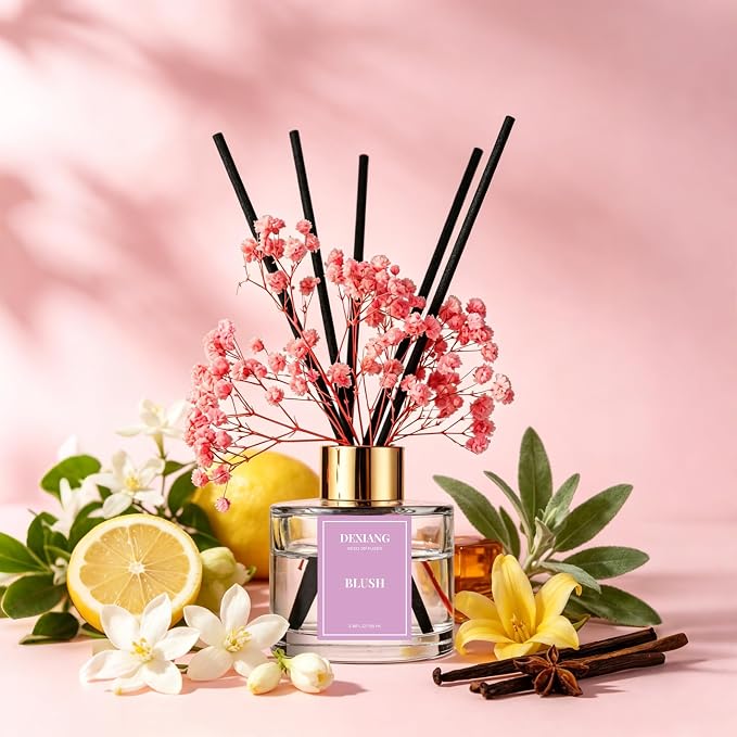 Reed Diffuser Set, 3.38 fl oz (100ml) Blush Scent Oil Diffuser with 6 Reed Sticks, Natural Home Fragrance Reed Diffuser for Bathroom, Bedroom, Living Room Shelf Decor