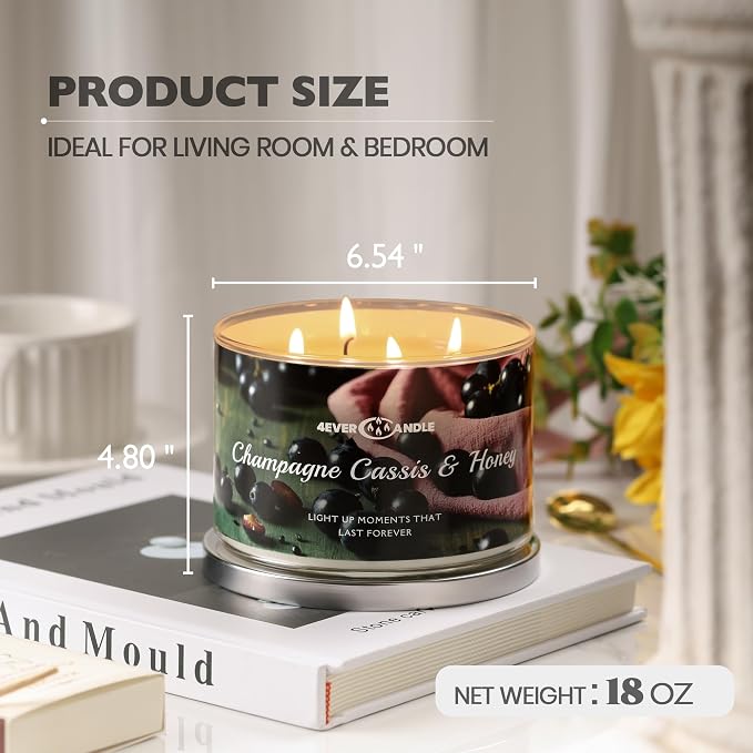 4EVER Scented Candles | 4-Wick 18oz Soy Wax Candle | Up to 50Hrs Clean Burn | Aromatherapy Candles for Home Scented | Gifts for Women & Mom, Champagne Cassis & Honey