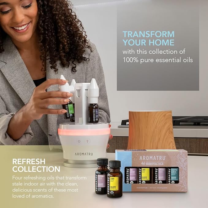AromaTru Refresh Essential Oil Kit – True Lavender, Lemon, Peppermint & Eucalyptus Globulus – Organic & Wildcrafted – ISO Certified – No Synthetic Fillers – Ethically Sourced
