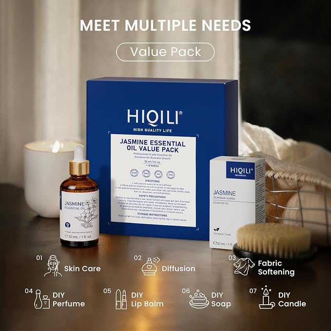 HIQILI Jasmine Essential Oil Set - 1 fl oz (12 Pack), Bulk Wholesale for Business, Skincare & Diffusing & DIY, for Spa & Sauna, Hotels & Homestays, Beauty Salons, Gift & Home Use