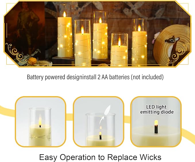 Eebuss Flameless Candles with Embedded Star String, Battery Operated LED Pillar Candles with Timer and Remote Control,Home Decorating for Ambiance， Set of 7(Ivory)