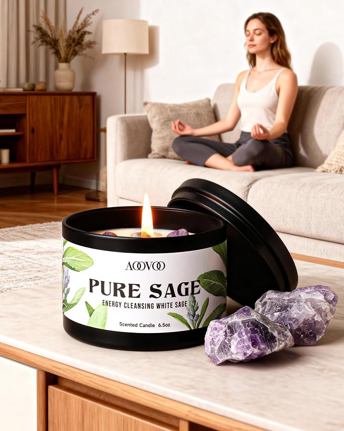 AOOVOO 2 Pack Sage Candles - Cleansing Candle with Crystals & Sage Leaves Inside, 13oz 100 Hours Long Lasting, Non Toxic Candle for Spiritual House Energy Meditation Yoga