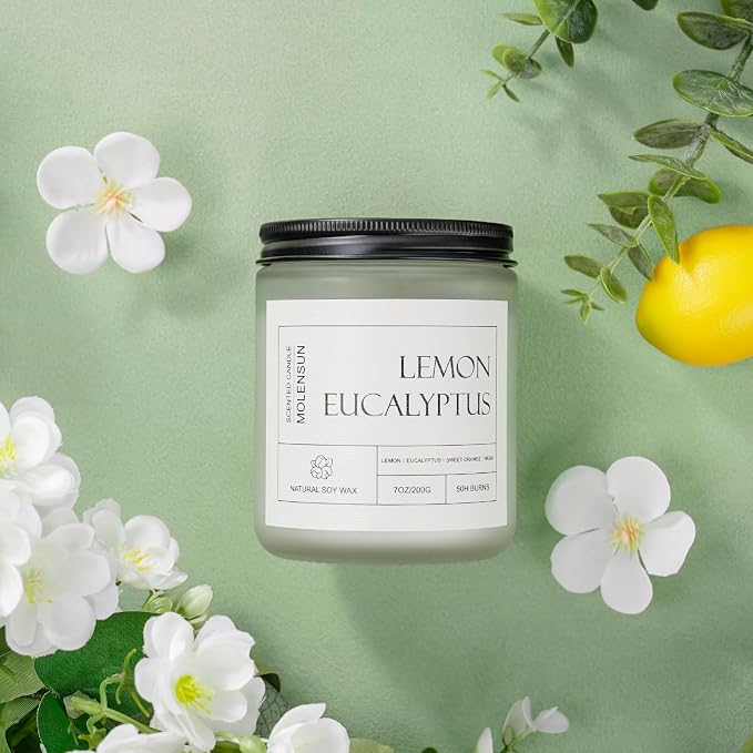 Molensun Lemon Eucalyptus Scented Candles, Aromatherapy Jar Candle, 7 oz Long Lasting Candles, Soy Wax Candle Gift for Women