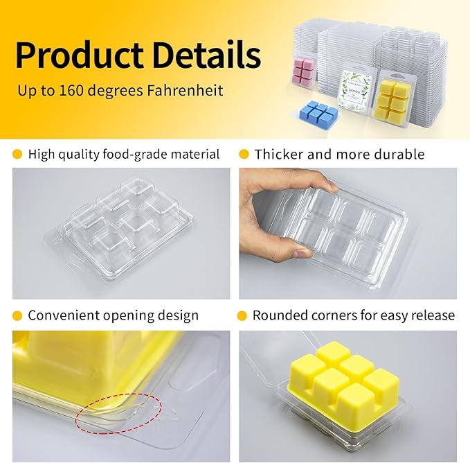 MGLIFEUL Wax Melt Container Clamshell Packaging Mold Box Stand for Plastic Clear Empty Wax Candle Melt Tart Packaging Cube Container Clamshell Mold Holder Organizer Tray Empty Shape Bulk wth Lid