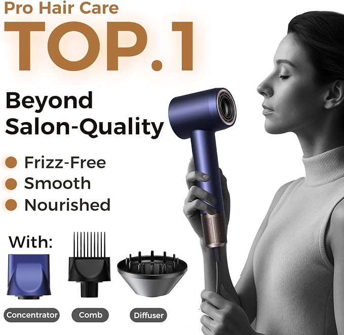 High-Speed Hair Dryer Pro | Trusted by Pro Stylists, Heat Damage Protection & 600 Million Ions Blow Dryer for Hair Care Beyond Salon, Fast Drying & Low Noise, Hairdryer with Diffuser, Nozzle, Comb