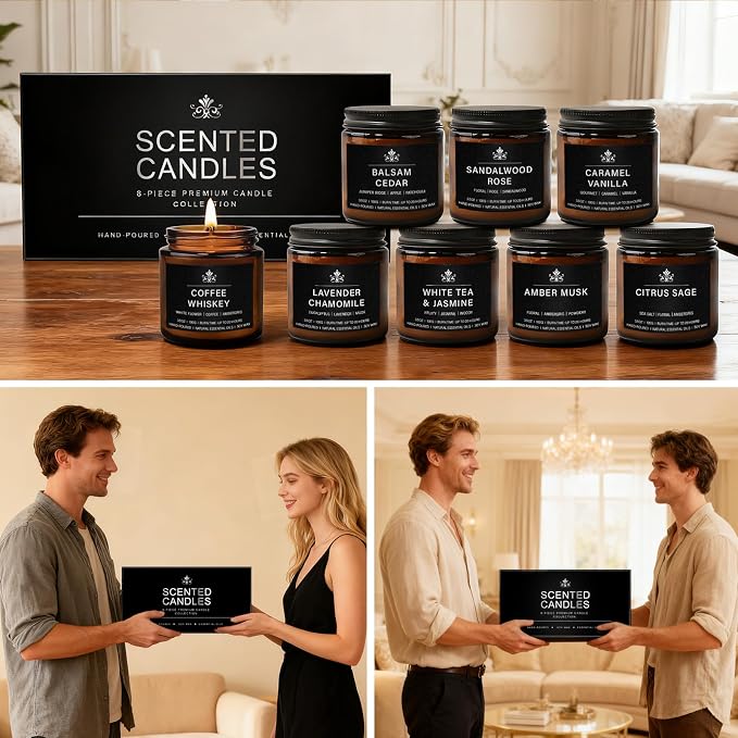 8 Pack Soy Wax Scented Candles Gift Set, Aromatherapy Candles with Lavender Chamomile, Citrus Sage, Caramel Vanilla, Coffee Whiskey, Long Lasting Stress Relief Candle, Unisex Home & Gift Set for Men